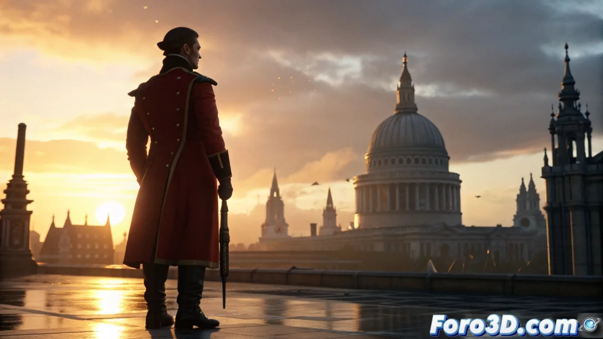 Ilustración conceptual de un soldado británico con casaca roja en un paisaje urbano futurista mezclando arquitectura colonial y tecnología avanzada, bajo un cielo naranja distópico.