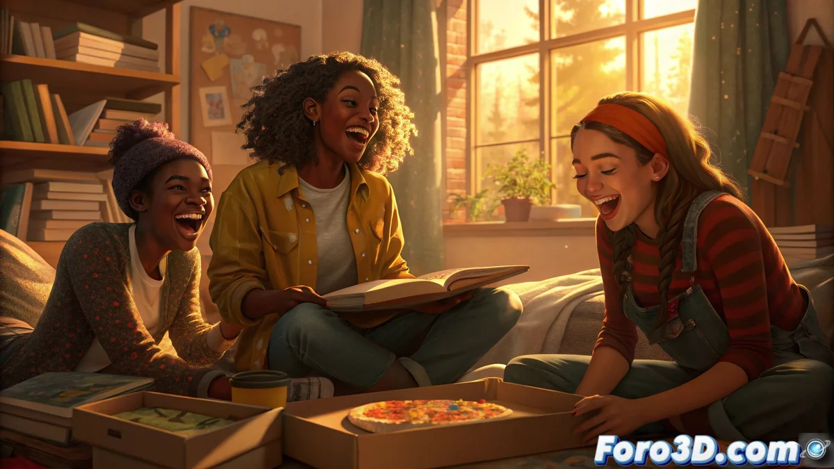 Tres amigas universitarias riendo juntas en un dormitorio desordenado, rodeadas de libros y objetos personales que reflejan sus diferentes personalidades