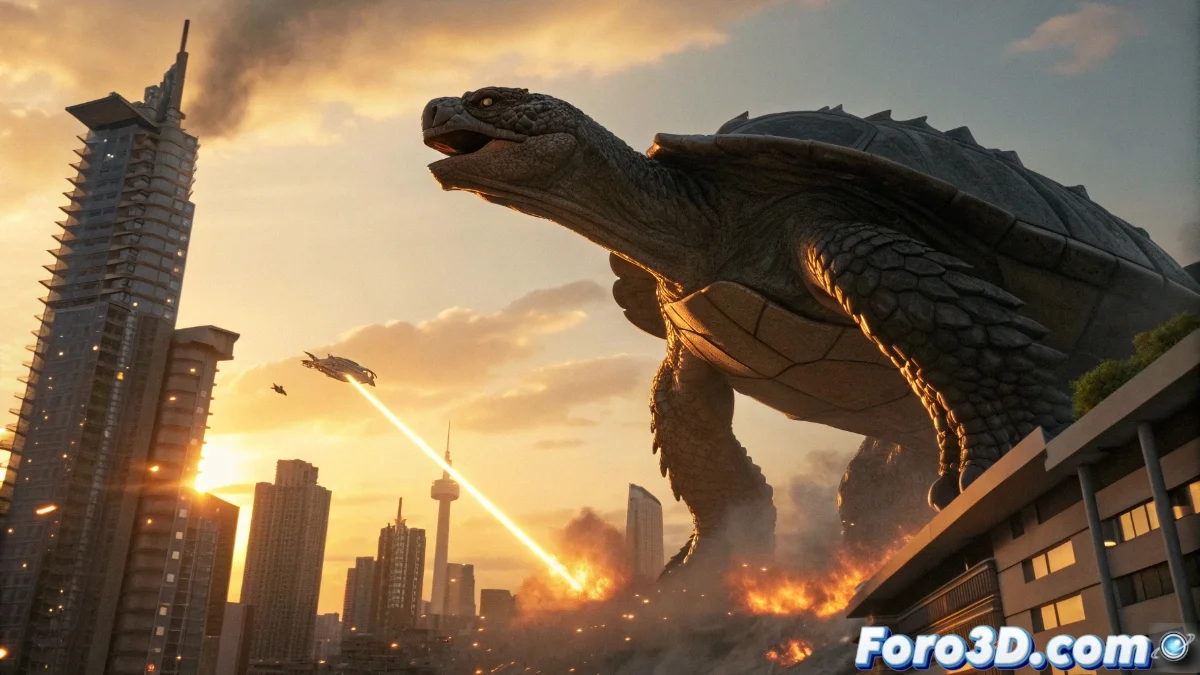 Gamera en acción dentro de GigaBash mostrando sus ataques de plasma contra otros kaijus en un escenario urbano japonés nocturno