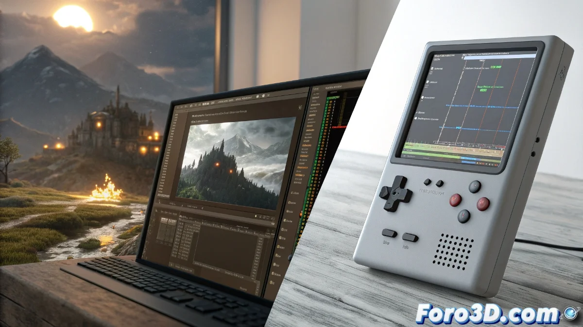 Comparativa visual entre la interfaz moderna de Godot Engine y la estética retro pixelada de Pico-8 mostrando proyectos en desarrollo
