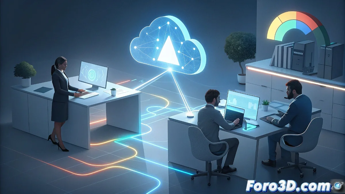 Ilustración que muestra un dashboard empresarial moderno con iconos de inteligencia artificial integrados en paneles de control, representando la fusión entre Google Gemini y plataformas de Agentforce