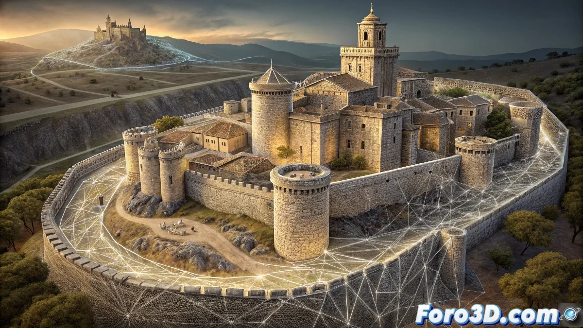 Composición en GIMP de Granadilla mostrando el pueblo medieval intacto con efectos de reflejos fantasma del embalse y atmósfera de tiempo detenido