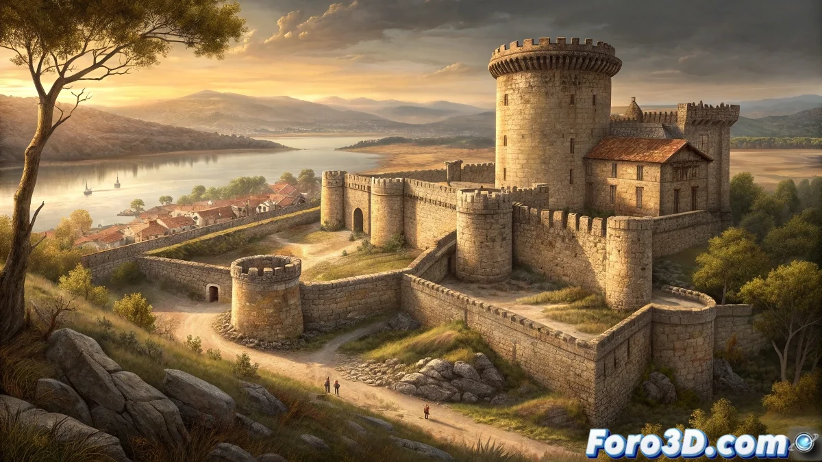 Composición en GIMP de Granadilla mostrando el pueblo medieval intacto con efectos de reflejos fantasma del embalse y atmósfera de tiempo detenido