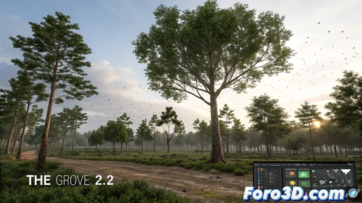 Interfaz de The Grove 2.2 mostrando árboles 3D animados con sistema esquelético, herramientas de optimización y simulación de crecimiento vegetal en entorno profesional.