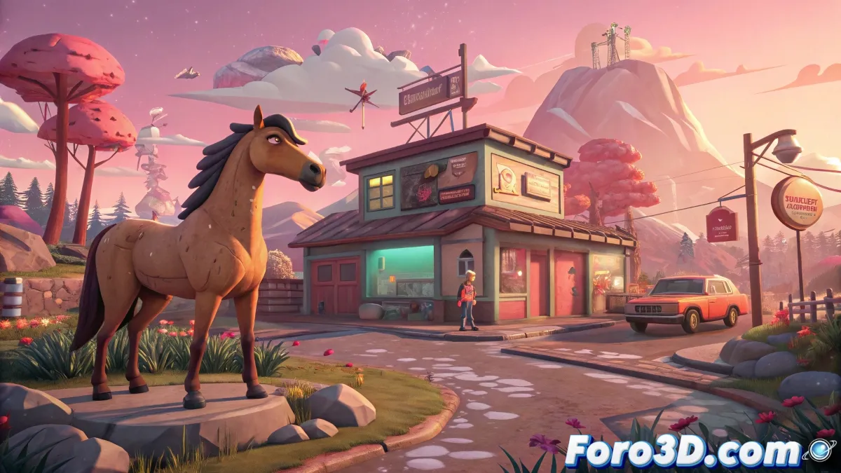 Ilustración surrealista de ENA Dream BBQ mostrando a Shoryo y las cuatro mascotas escondidas en diferentes locaciones del mundo de juego, con estilo artístico colorido y onírico.