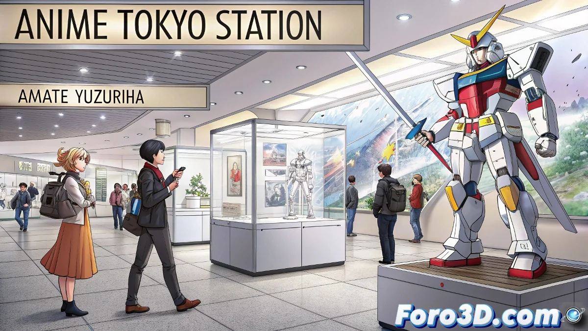 Visitantes interactuando con figuras gigantes de Gundam en una exposición luminosa, algunos usando sus smartphones para experiencias de realidad aumentada.