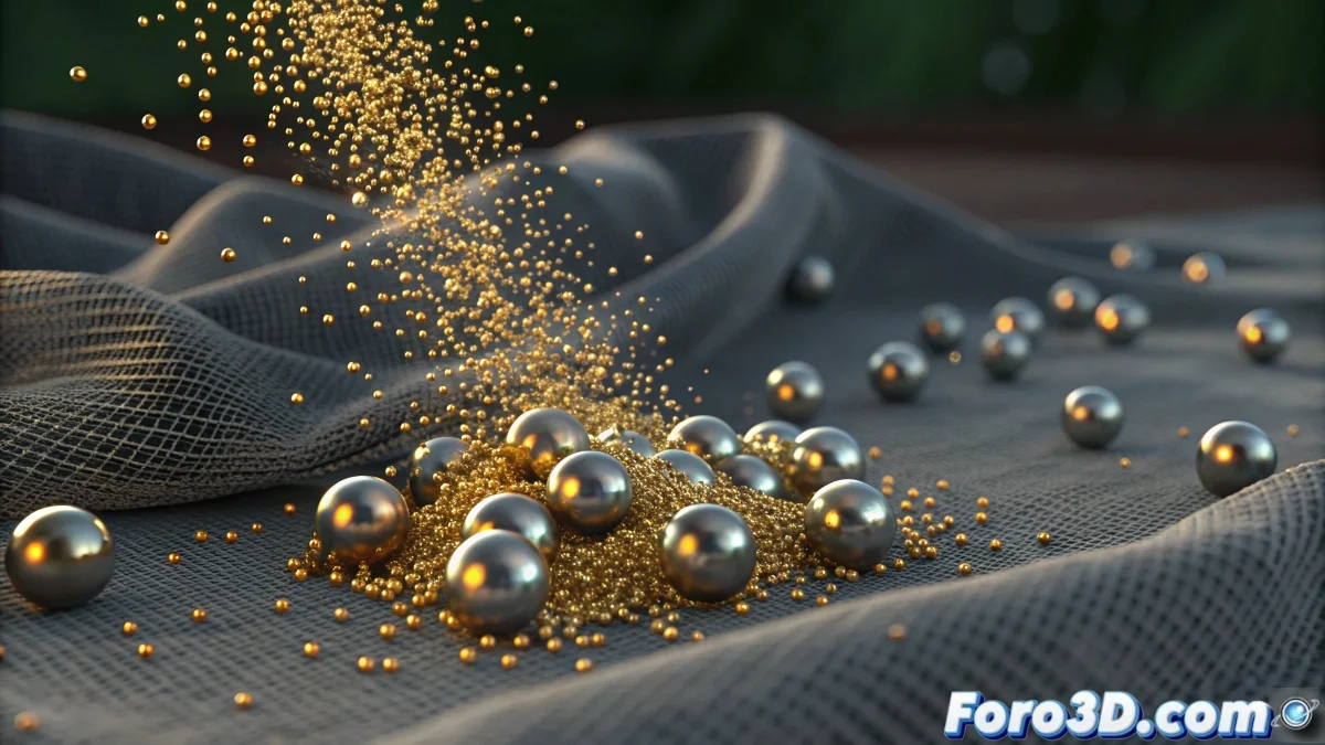 Sistema en Blender mostrando partículas emitter deformando una tela cloth al impactar, con configuración correcta de colisiones y fuerzas visibles