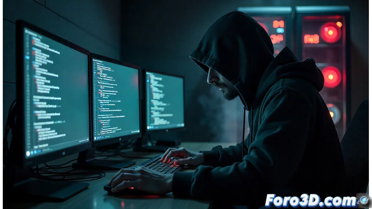 Ilustración de un hacker con capucha frente a servidores corporativos de Logitech, mostrando flujos de datos hacia ubicaciones externas no autorizadas.