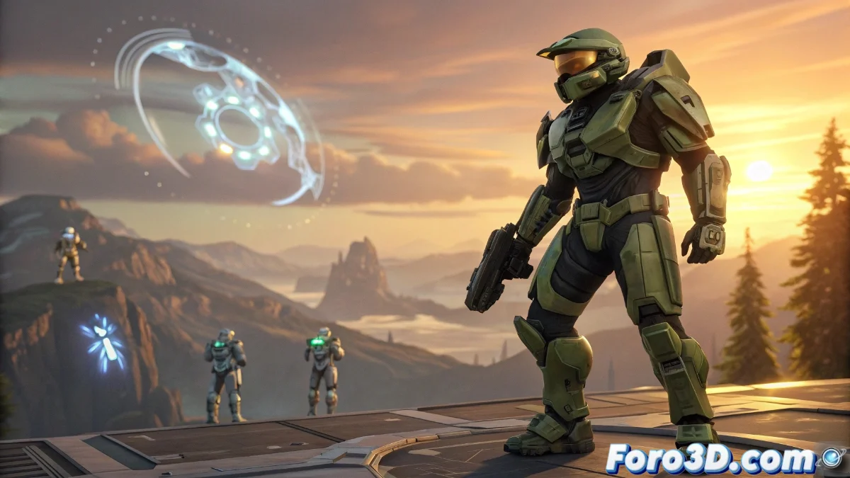 Spartan de Halo Infinite mostrando nueva armadura cosmética en uno de los mapas multijugador recién añadidos, con efectos visuales especiales activados en fondo futurista