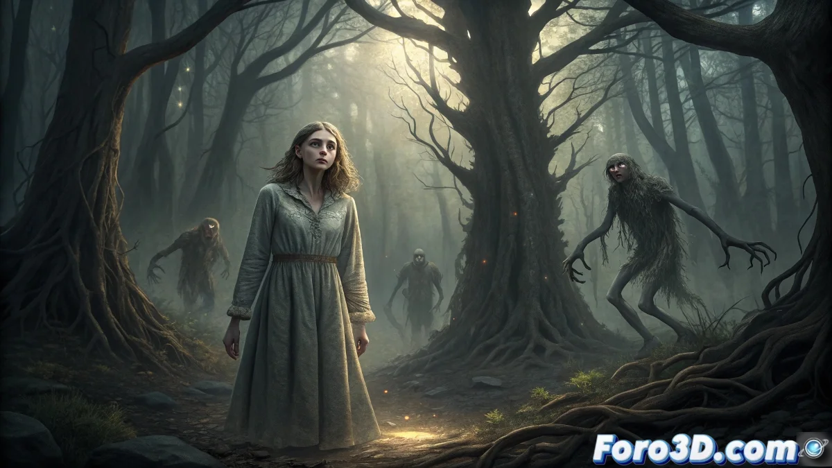 Portada de Harrow County mostrando a Emmy en el bosque encantado con fantasmas y criaturas sobrenaturales en un estilo visual atmosférico y oscuro.