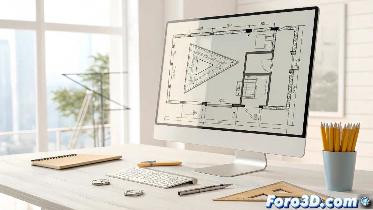 Interfaz de LibreCAD mostrando plano técnico arquitectónico completo con capas, acotaciones y bloques, junto a herramientas de dibujo 2D tradicionales en entorno limpio.