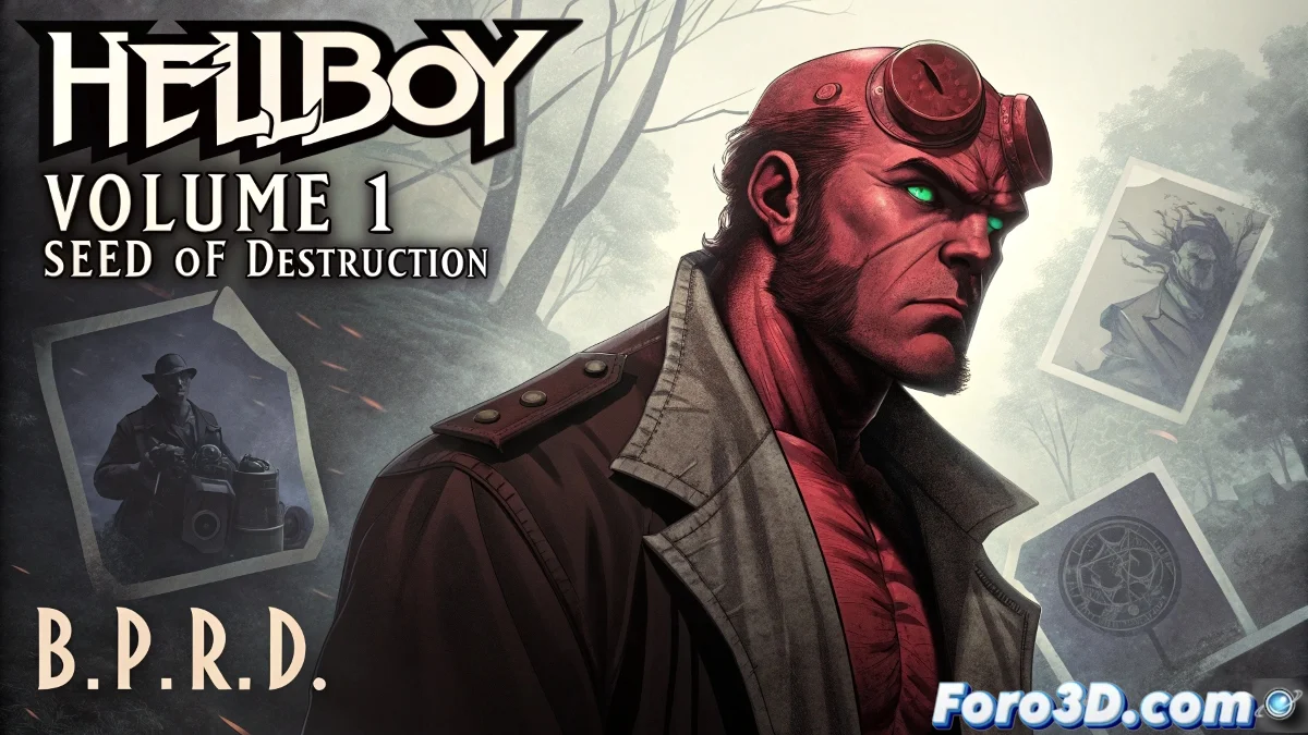 Portada de Hellboy: Seed of Destruction mostrando al personaje icónico con su mano derecha de piedra y fondo oscuro, junto a bocetos originales de Mike Mignola y elementos de la mitología lovecraftiana.