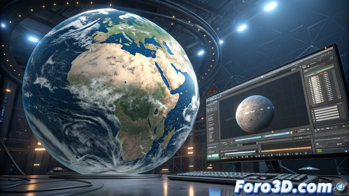 Interfaz de Photoshop mostrando el script UDIM Globe convirtiendo una imagen plana de la Tierra en una textura esférica para 3D.