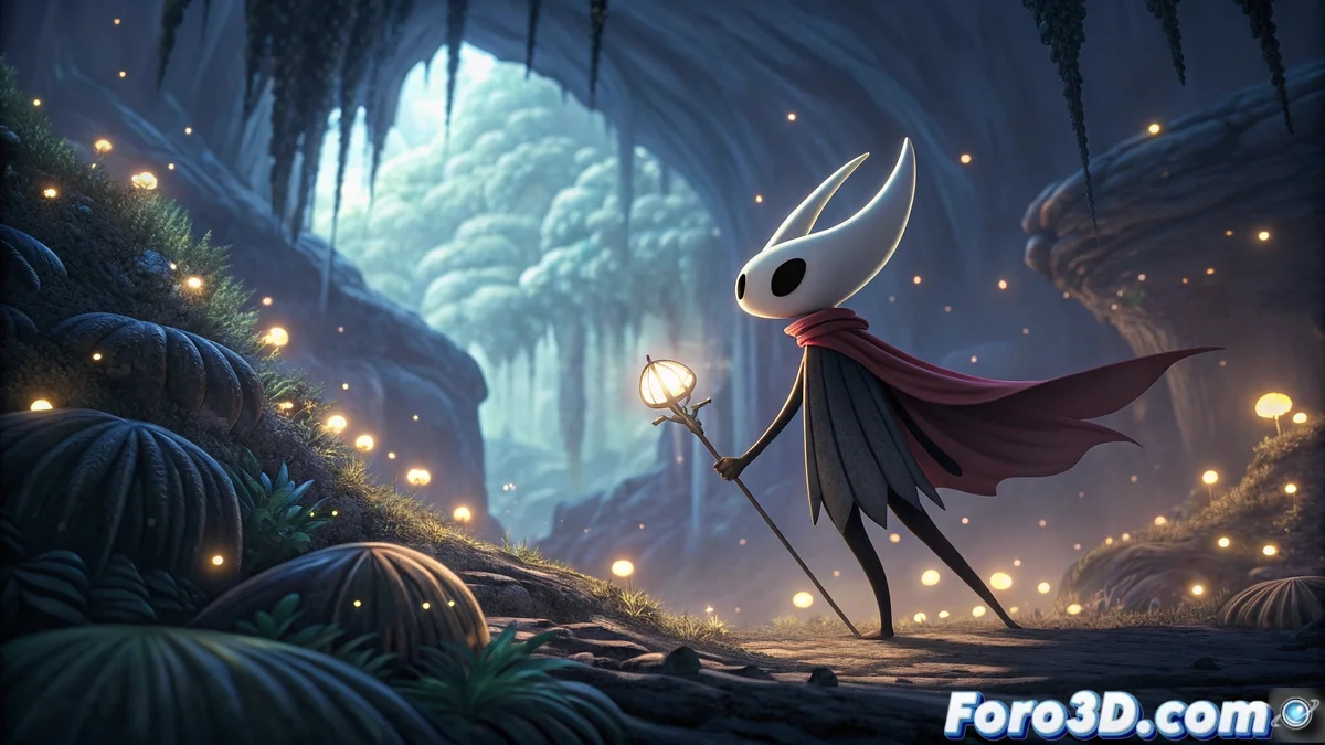 Ilustración del personaje Hornet de Hollow Knight: Silksong en un entorno de pantalla de carga con iconos de actualización y herramientas de desarrollo superpuestas