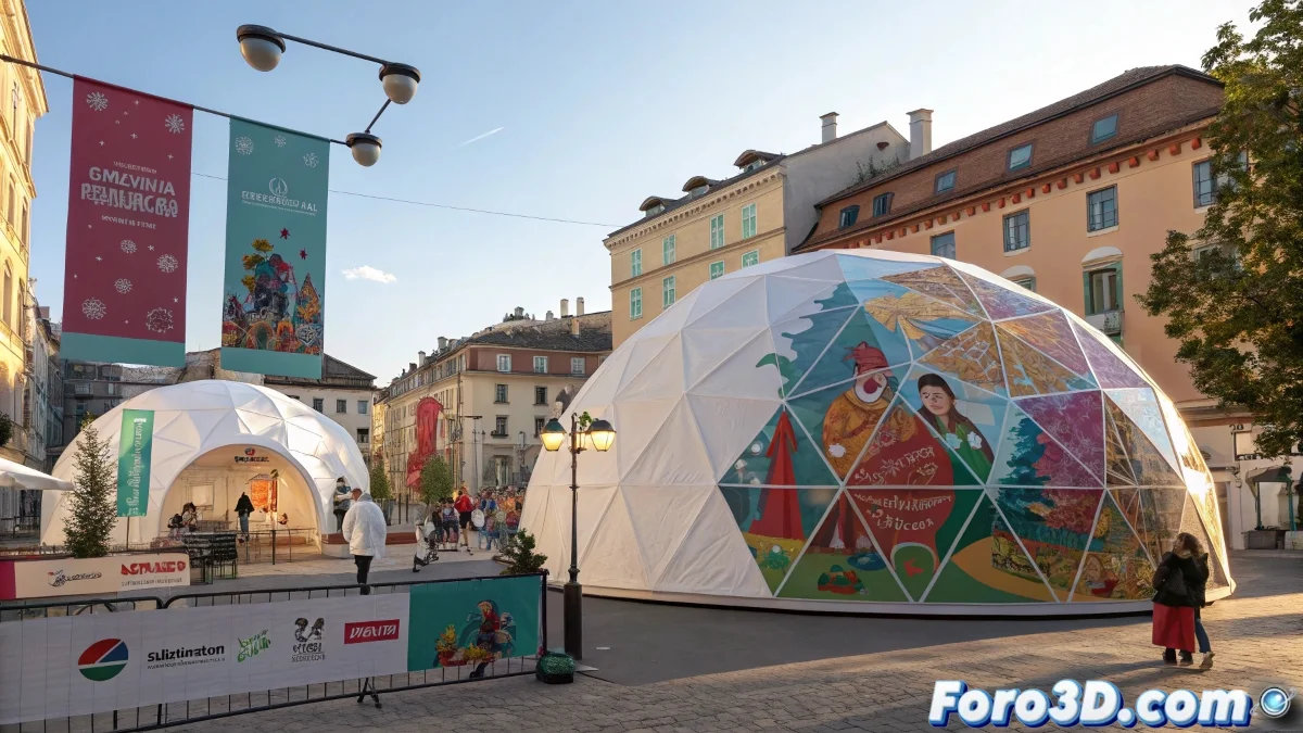 Fachada del festival de Annecy decorada con motivos de animacion húngara y publico entrando al recinto, con carteles de peliculas destacadas.