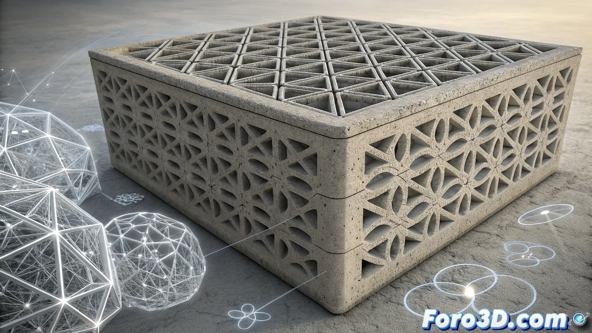 Estructura de hormigón impresa en 3D mostrando detalles de las capas y textura superficial, con iconos de sostenibilidad y captura de carbono superpuestos.