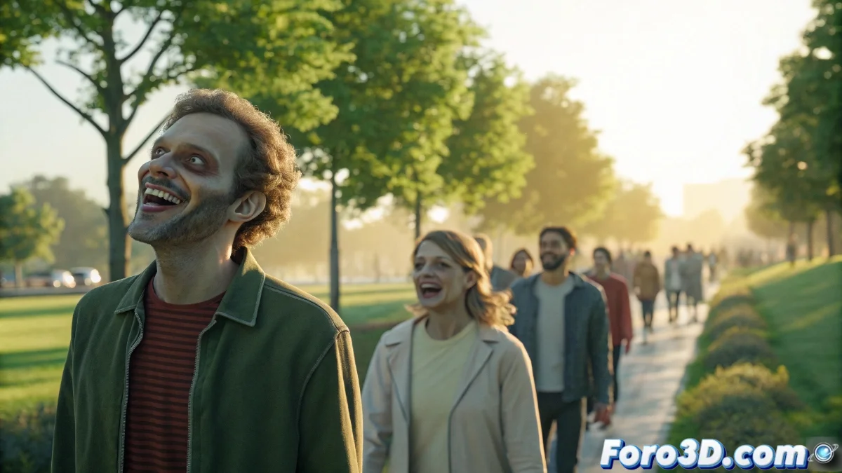 Motor de animación procedural Pluribus mostrando transición facial de sonrisa genuina a expresión de terror en tiempo real con interfaz de parámetros ajustables