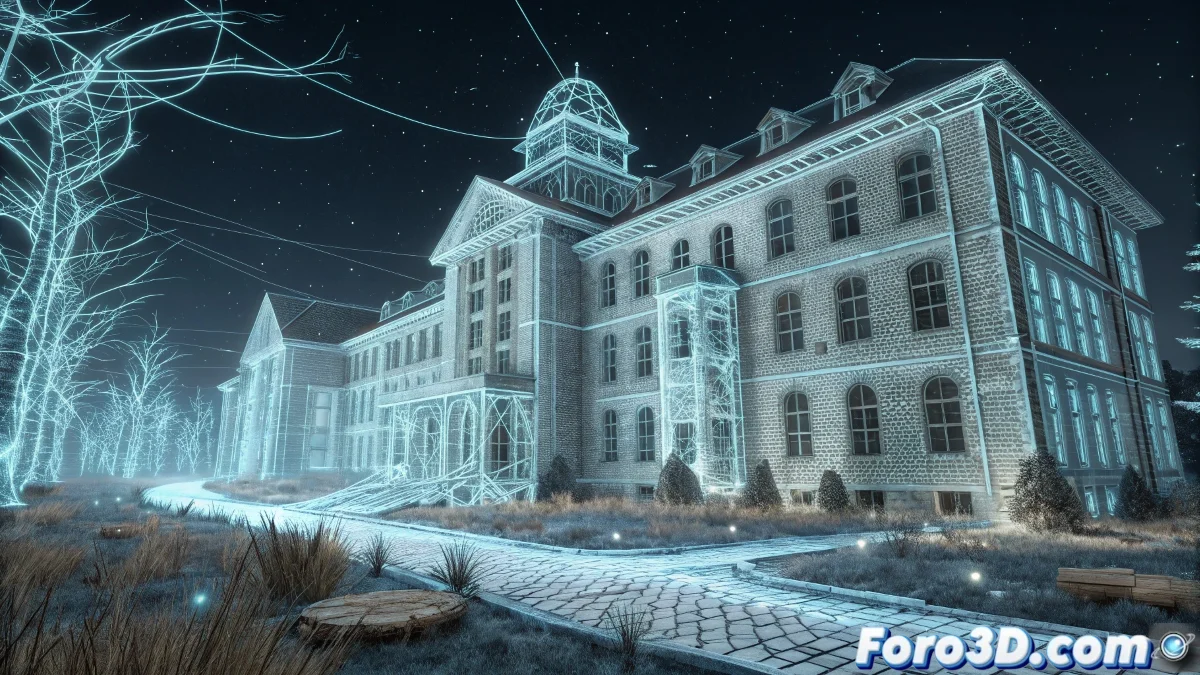 Composición en After Effects mostrando pasillos abandonados del Hospital del Tórax con efectos de niebla, luces parpadeantes y corrección de color en tonos fríos.