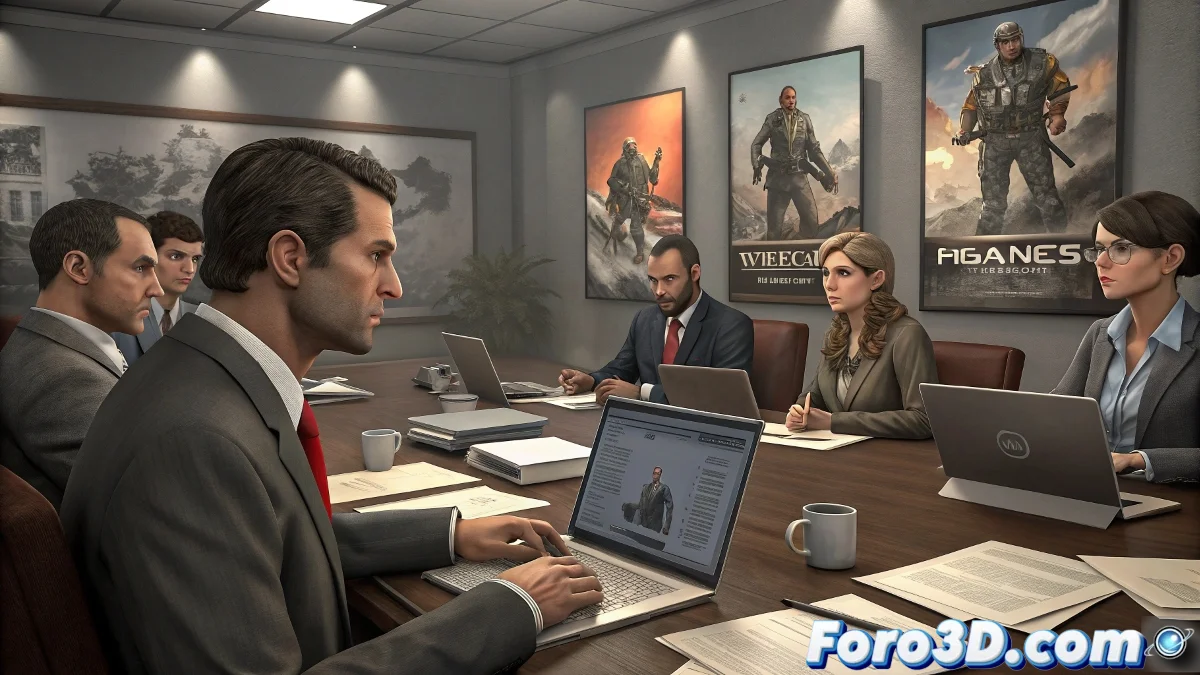 Actor de doblaje en estudio con micrófono apagado y traje de captura de movimiento colgado, mientras mira un monitor con personajes de videojuegos silenciosos.