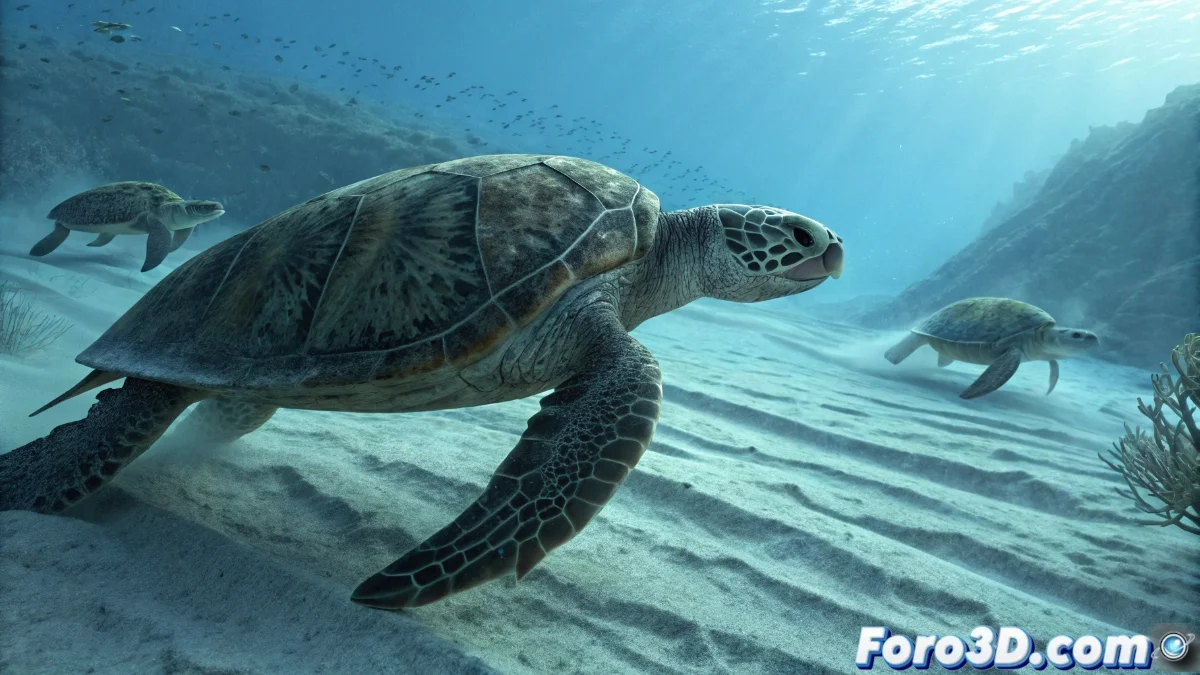 Losa de piedra caliza con numerosas huellas fosilizadas en forma de aletas de tortugas marinas, dispuestas en patrones caóticos sobre sedimento oceánico conservado.