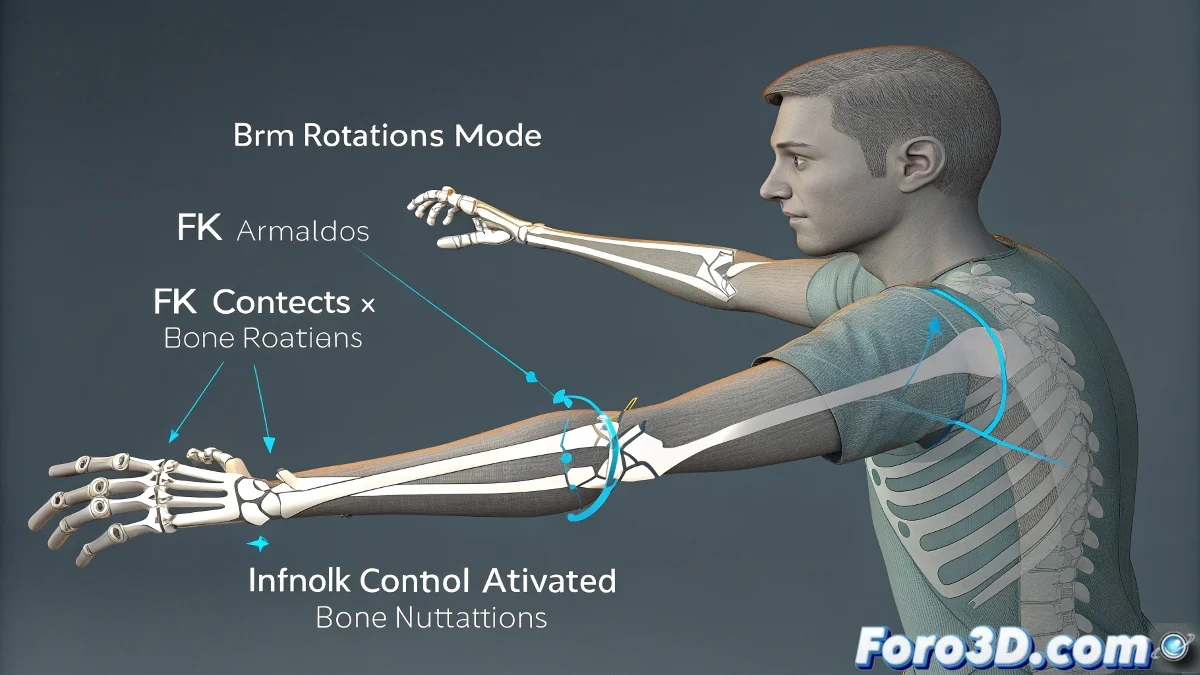 Comparación visual entre un brazo animado con FK y el mismo brazo al activar IK, mostrando las diferencias en las rotaciones de los huesos.