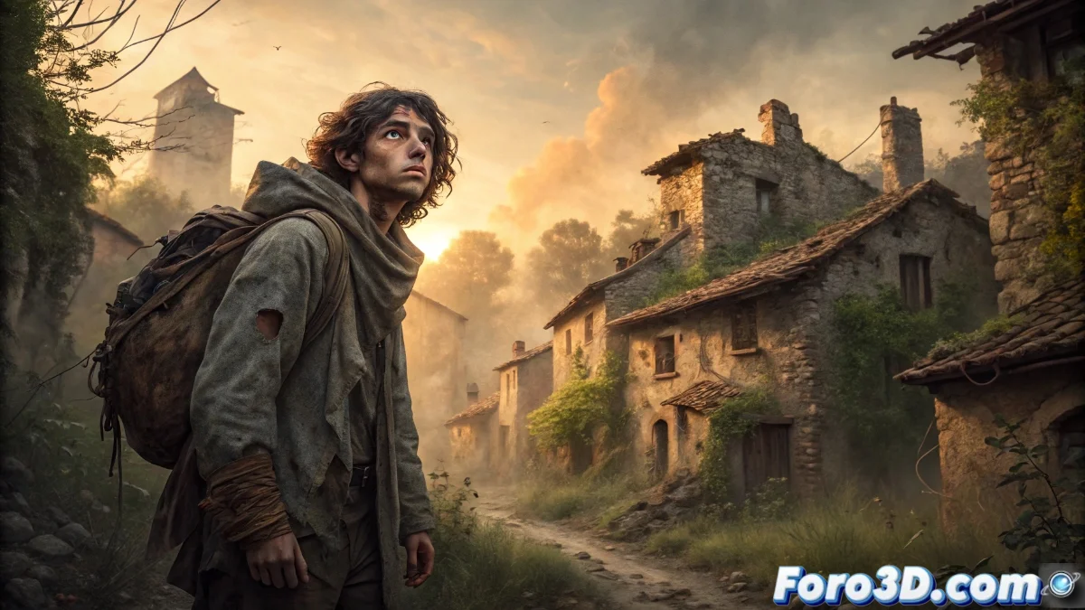 Joven contemplativo sentado entre las ruinas de un pueblo abandonado al atardecer, con mochila a su lado y mirada reflexiva hacia el horizonte montañoso