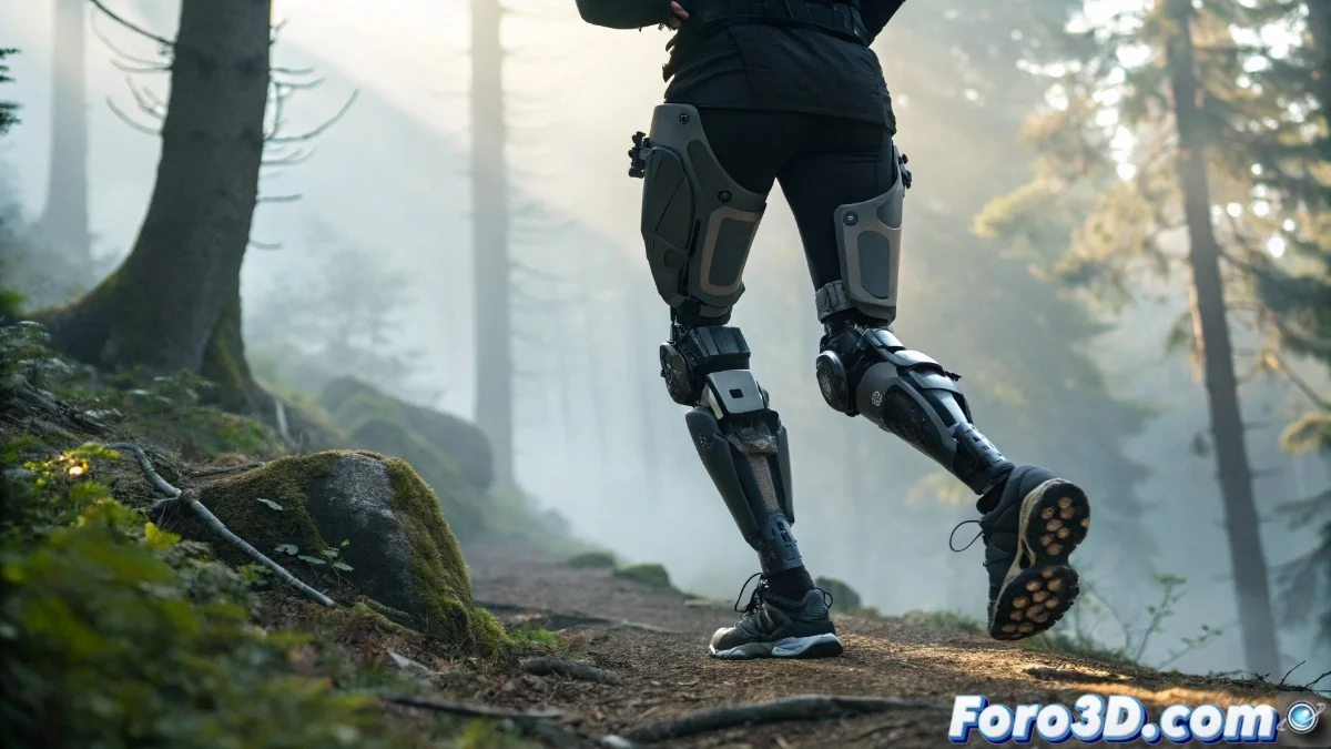 Exoesqueleto ligero Hypershell en uso durante caminata por terreno montañoso, mostrando diseño ergonómico y pantalla con datos biomecánicos en tiempo real