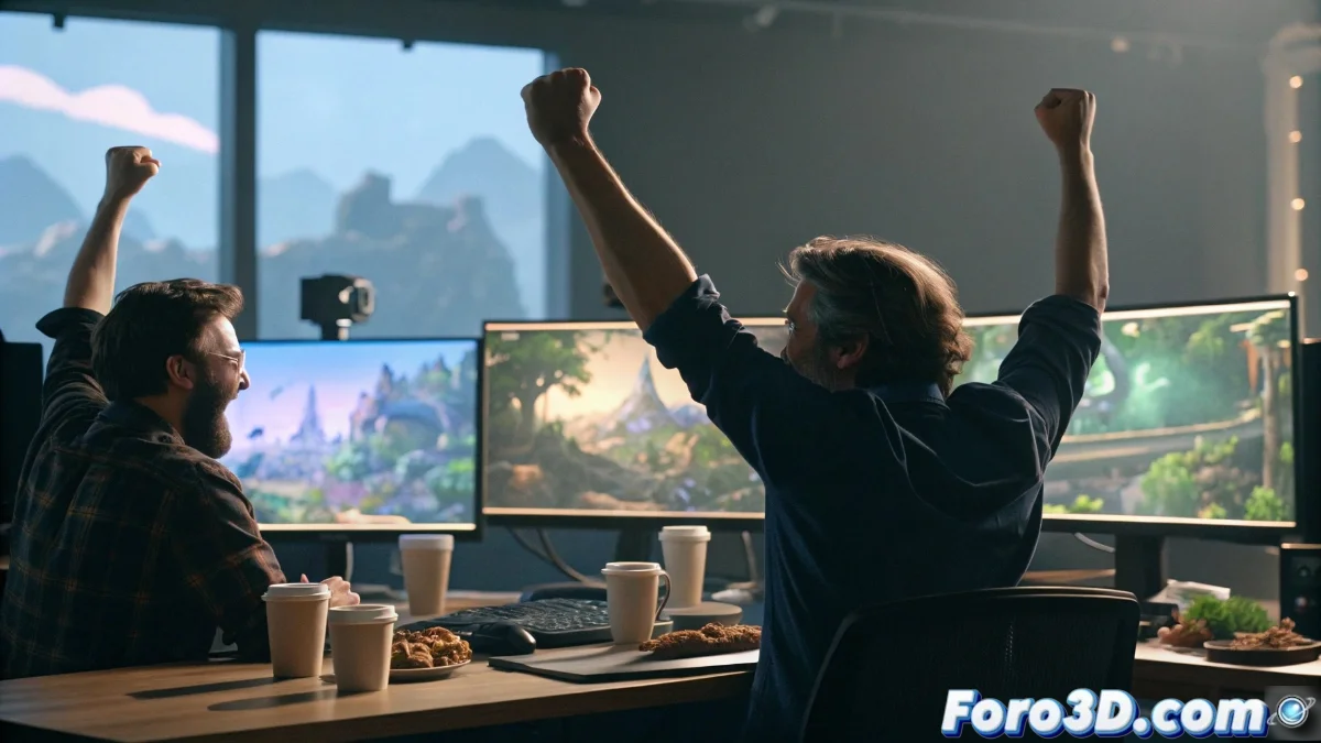 Equipo de desarrollo de Hypixel Studio celebrando con ordenadores mostrando capturas de Hytale en pantalla