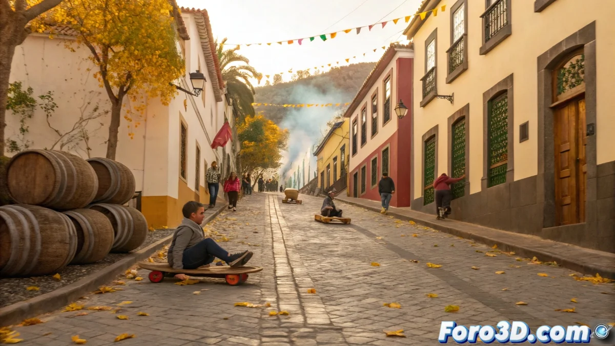 Jóvenes deslizando tablas de madera por calles empedradas de Icod de los Vinos durante la festividad de San Andrés, con puestos de castañas asadas y catas de vino nuevo de fondo