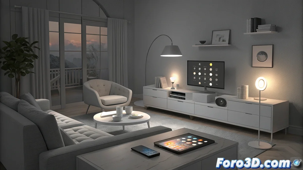 Gama completa de dispositivos inteligentes de Ikea mostrando sensores, interruptores y controladores de iluminación sobre una mesa de diseño escandinavo con teléfono móvil mostrando la app de configuración