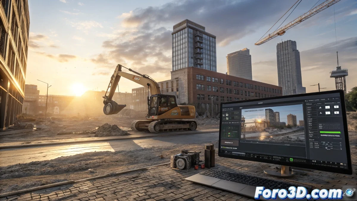 Escena de construcción en 3ds Max con iluminación Daylight System mostrando sombras y efectos de luz optimizados