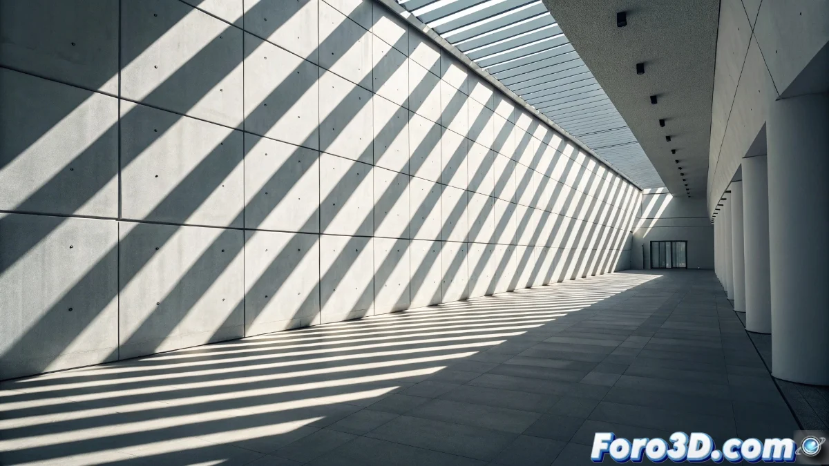 Composición gráfica con iluminación cenital extrema proyectando sombras alargadas sobre objetos distorsionados, usando colores fríos eléctricos y alto contraste