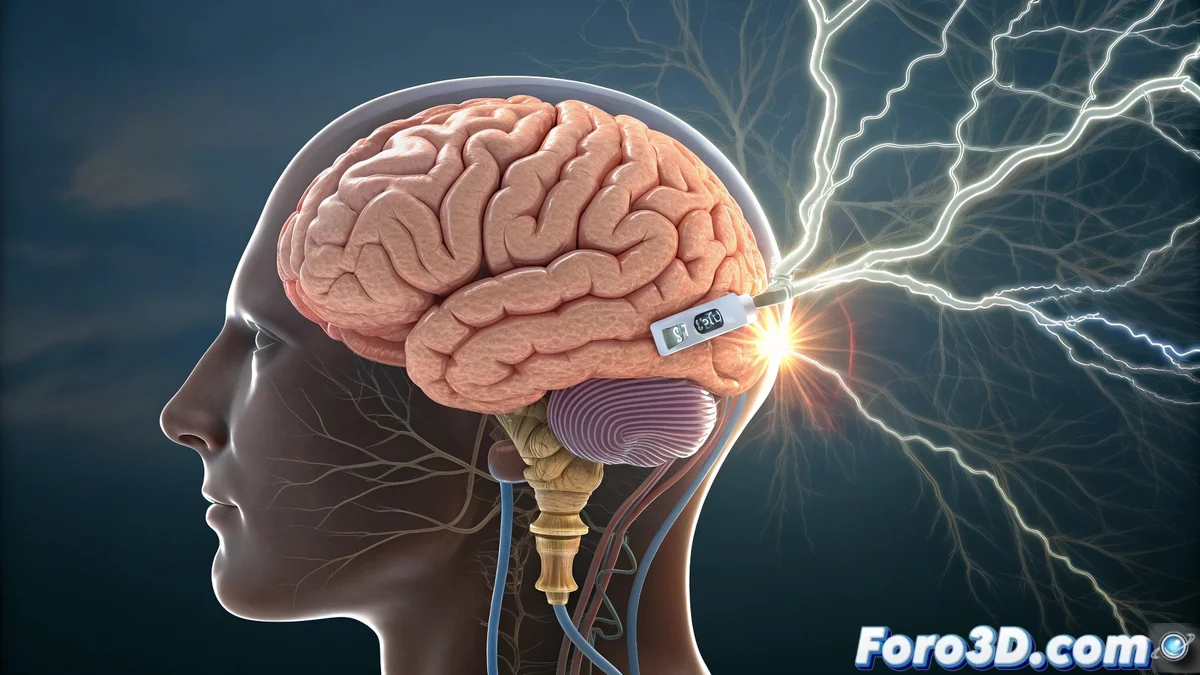 Modelo 3D detallado de implante cerebral personalizado mostrando integracion con tejidos neurales y simulacion de estimulos electricos con efectos volumetricos