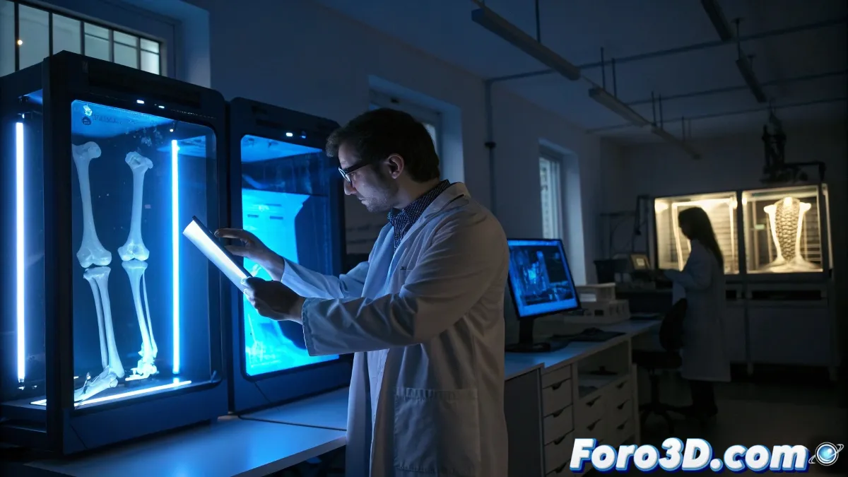 Microscópica estructura de hueso artificial impreso en 3D mostrando su compleja arquitectura porosa y nanométrica bajo luz de microscopio electrónico.