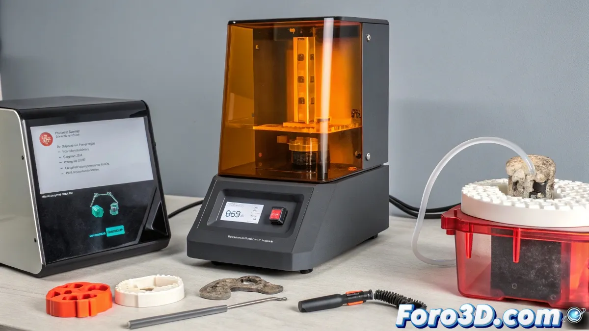 Técnico dental trabajando con impresora 3D para fabricar férula de descarga transparente en laboratorio odontológico moderno