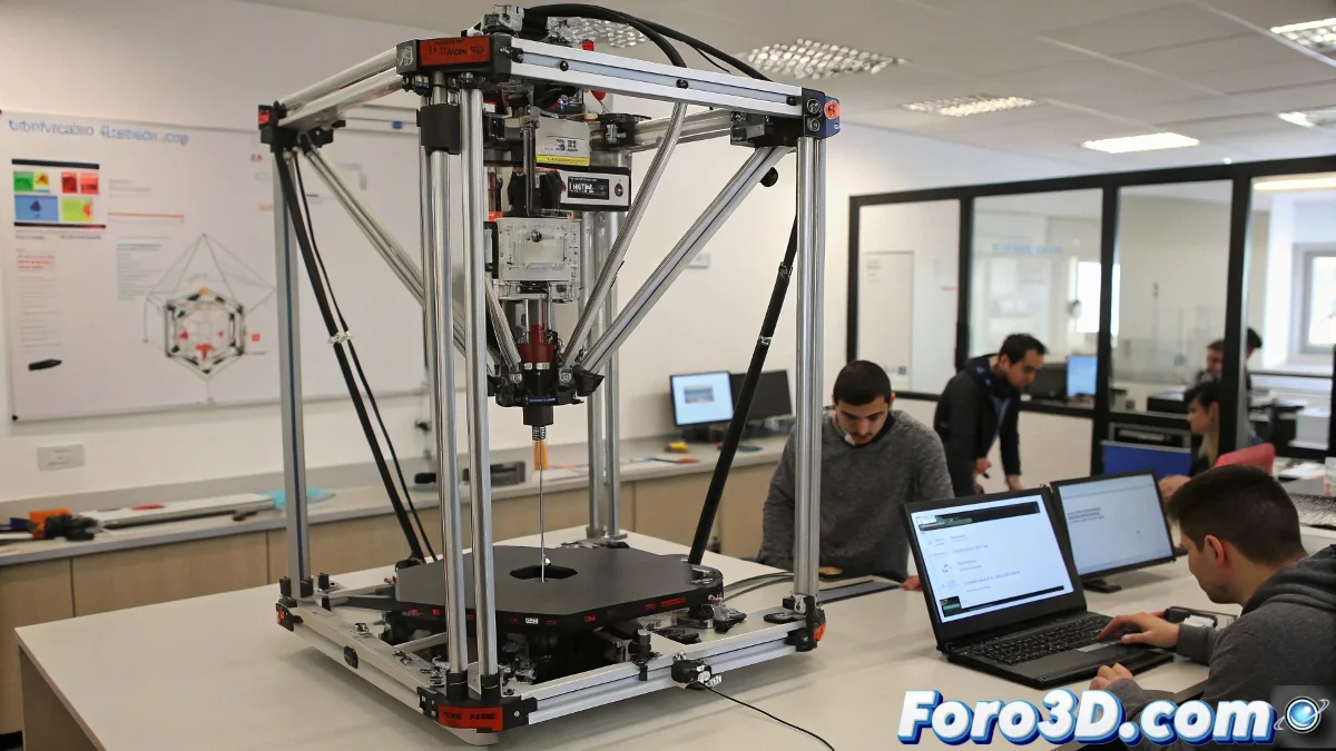 Impresora 3D futurista imprimiendo un objeto complejo desde múltiples ángulos simultáneos, con brazos robóticos moviéndose en diferentes direcciones en un laboratorio universitario.