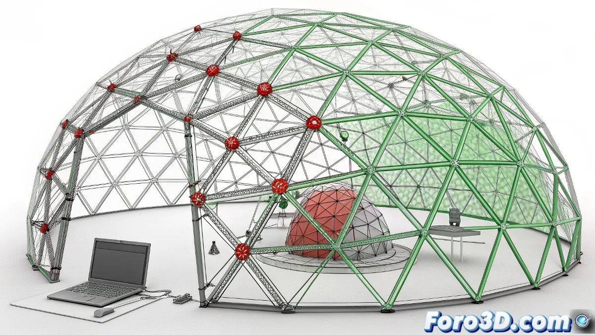 Análisis estructural 3D del cine IMAX de Madrid mostrando puntos críticos de tensión y posibles fallos en la estructura mediante software libre