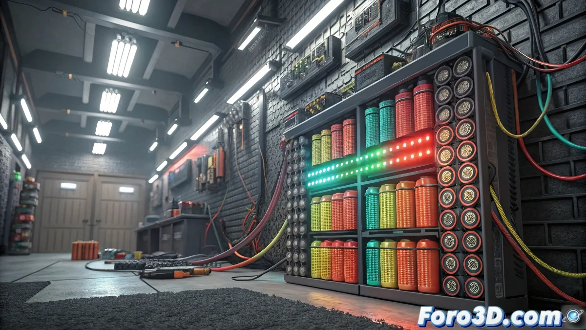 Pared modular construida con cientos de baterías de vapes reciclados, conectadas mediante sistema de gestión BMS y convertidores de potencia, instalada en taller doméstico