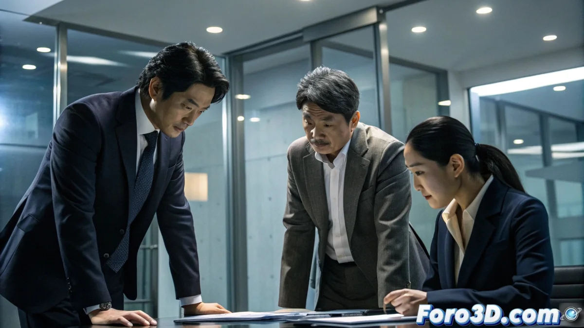 Edificio corporativo moderno con logotipo de Arm Holdings en Seúl, Corea del Sur, con inspectores gubernamentales revisando documentos en una oficina ejecutiva