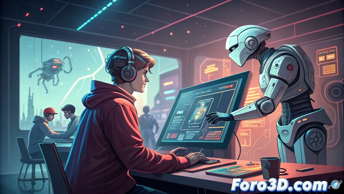 Imagen de un diseñador de videojuegos trabajando con una interfaz de IA, mostrando gráficos y mecánicas generadas por inteligencia artificial.