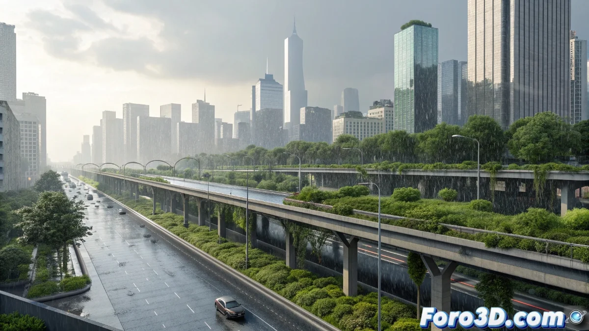 Infografía que muestra infraestructuras resilientes integrando soluciones naturales y tecnológicas frente a fenómenos climáticos extremos, con gráficos de crecimiento económico sostenible