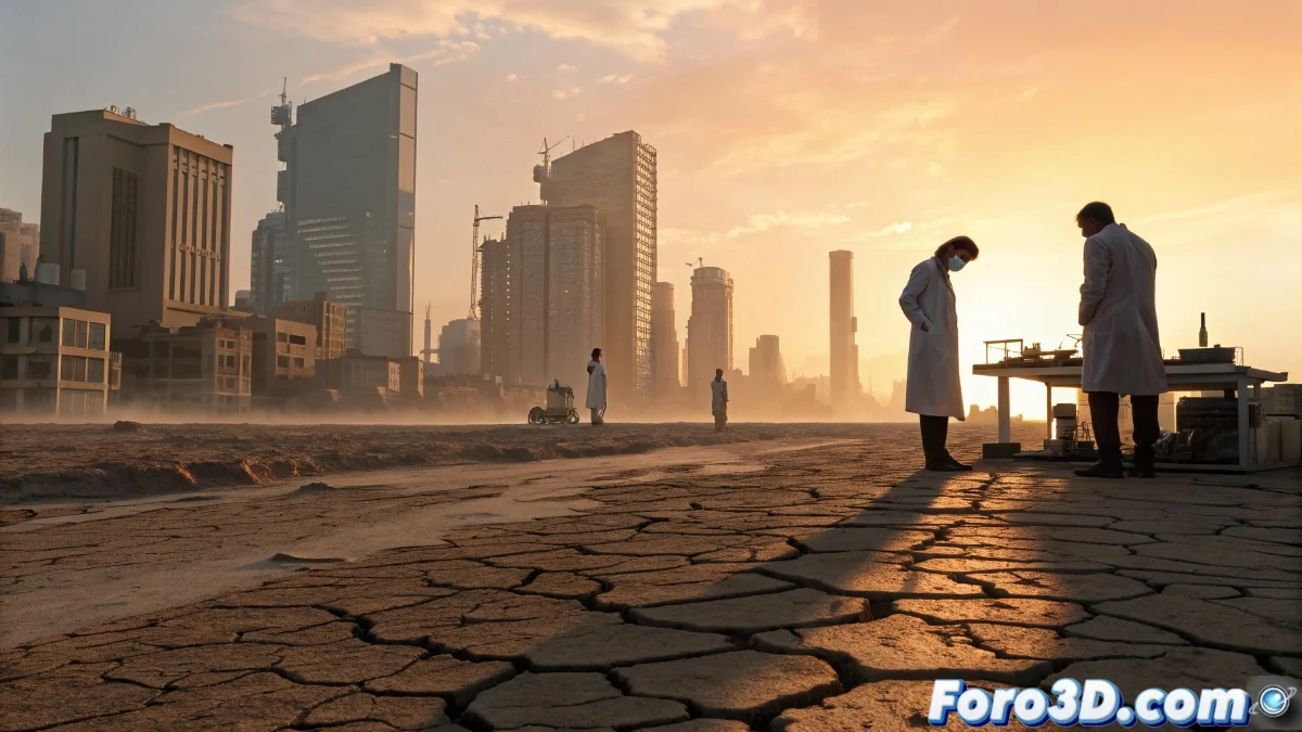 Científicos analizando datos de modelos climáticos en pantallas con mapas de calor urbanos, mostrando discrepancias en reunión académica tensa.