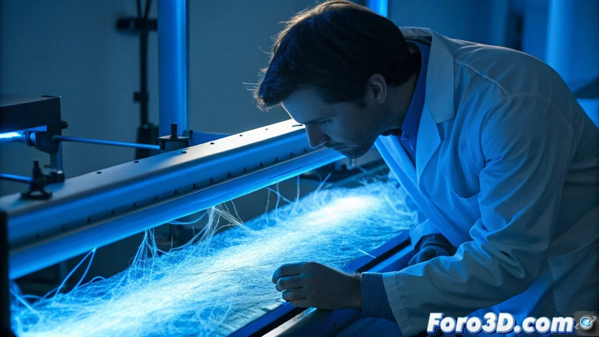 Microscopía de fibras de seda natural extraídas de capullos de polillas mostrando su estructura filamentosa y resistencia