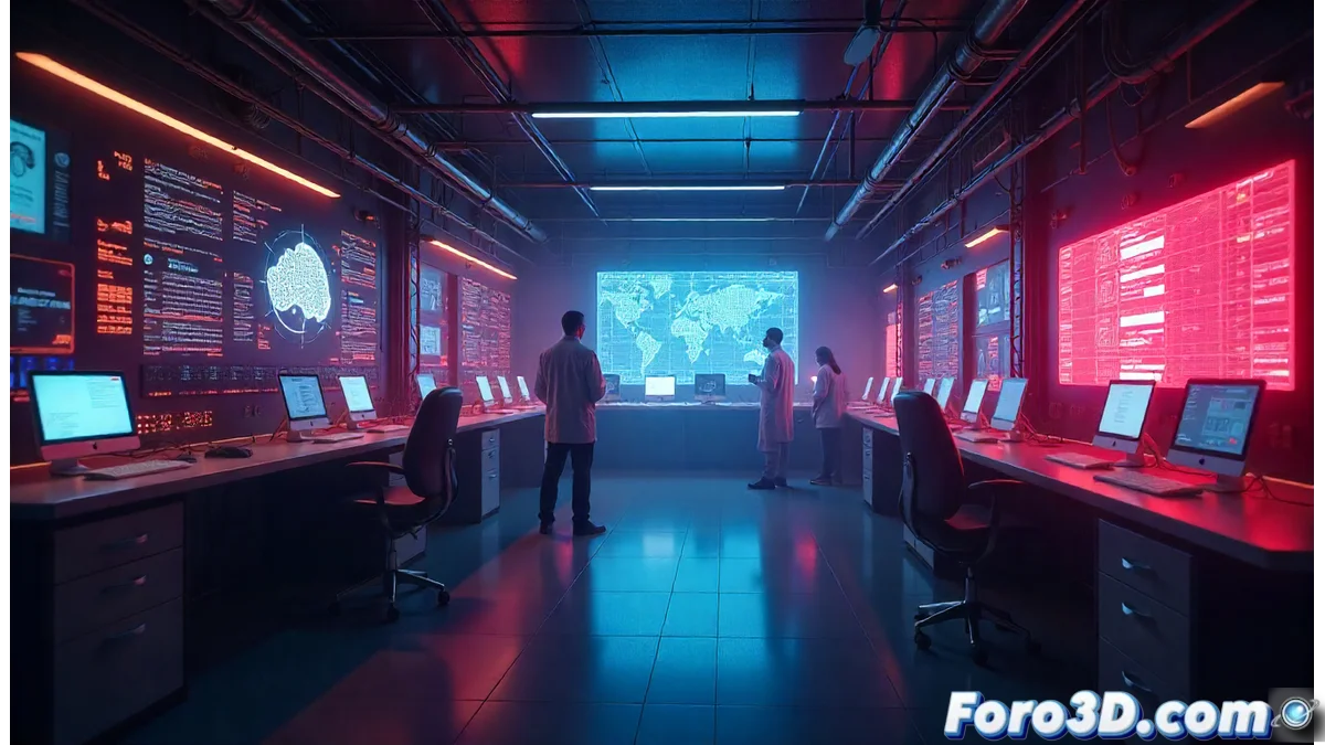 Computadora analógica moderna conectada a sistema de inteligencia artificial mostrando gráficos de procesamiento de datos en tiempo real