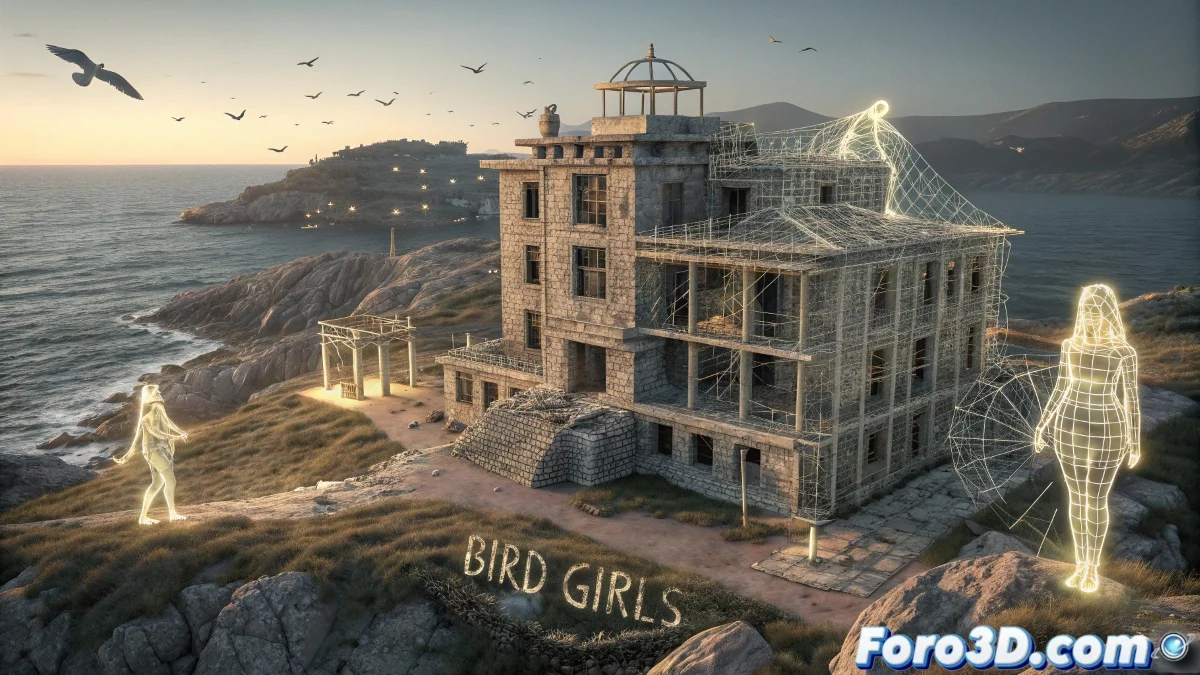 Render 3D de la Isla de Pedrosa en Maya mostrando el lazareto abandonado con las figuras fantasmales de las niñas pájaro flotando entre la niebla marina al atardecer