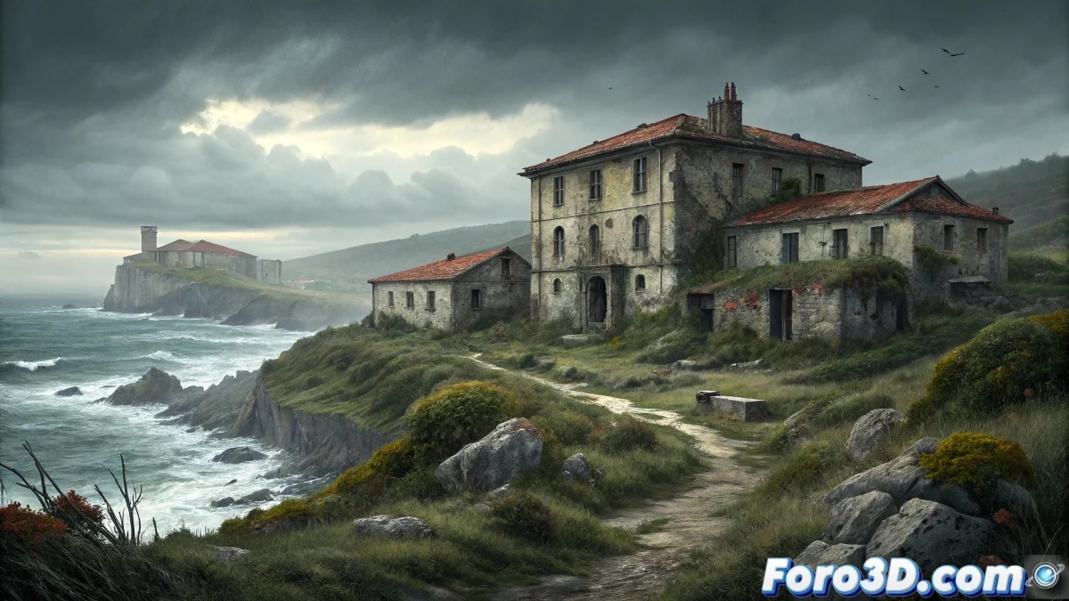 Render 3D de la Isla de Pedrosa en Maya mostrando el lazareto abandonado con las figuras fantasmales de las niñas pájaro flotando entre la niebla marina al atardecer