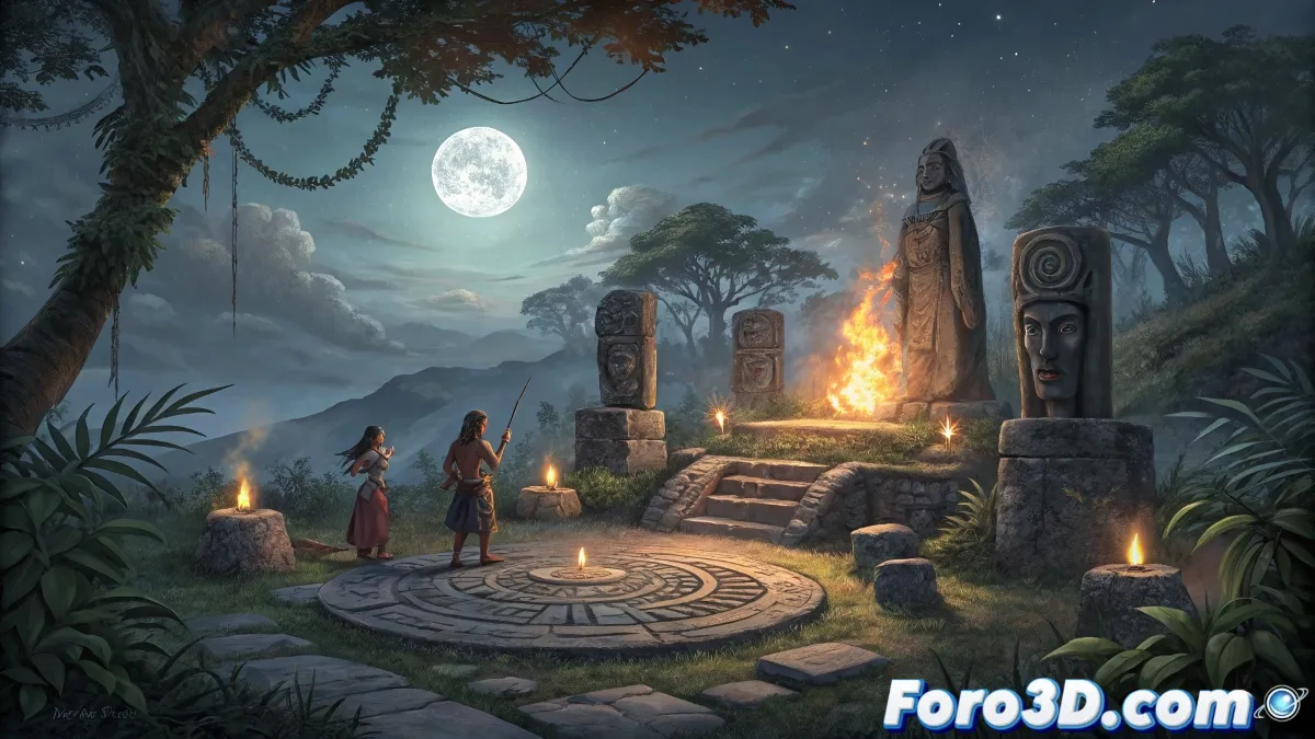 Ilustración conceptual de una isla misteriosa con elementos de fantasía y referencias a la cultura filipina, en estilo de boceto animado.