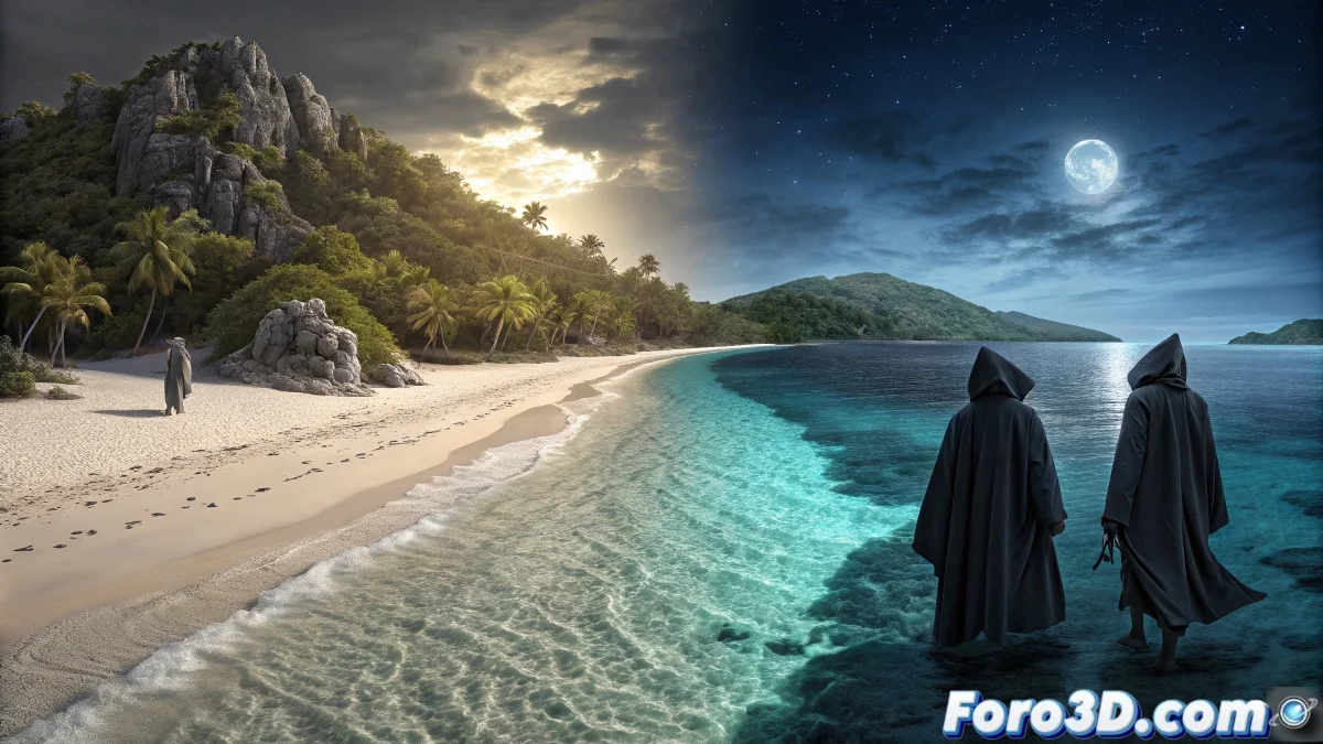 Ilustración vectorial de las islas Cíes al anochecer, mostrando playas paradisíacas y el misterioso camino de la Santa Compaña entre rocas y vegetación.
