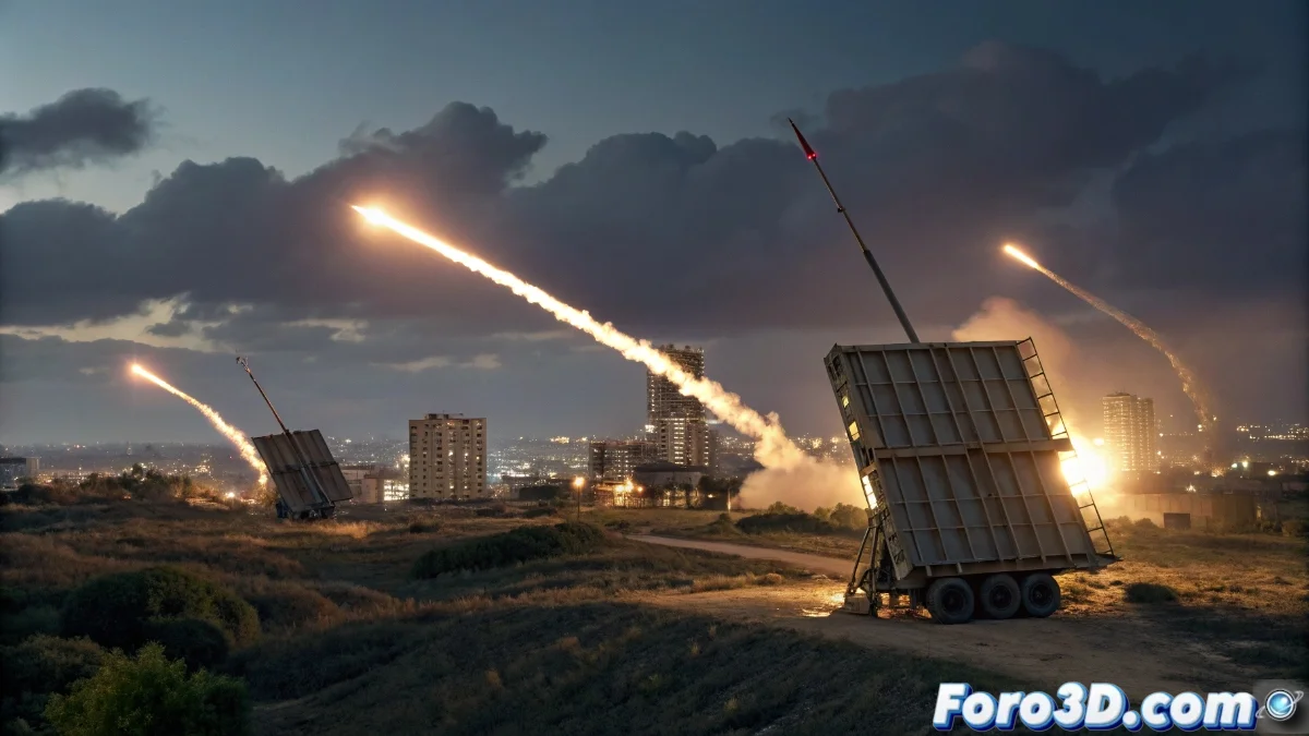 Sistema de defensa aérea Cúpula de Hierro interceptando cohetes sobre cielo nocturno israelí con trazas luminosas de misiles