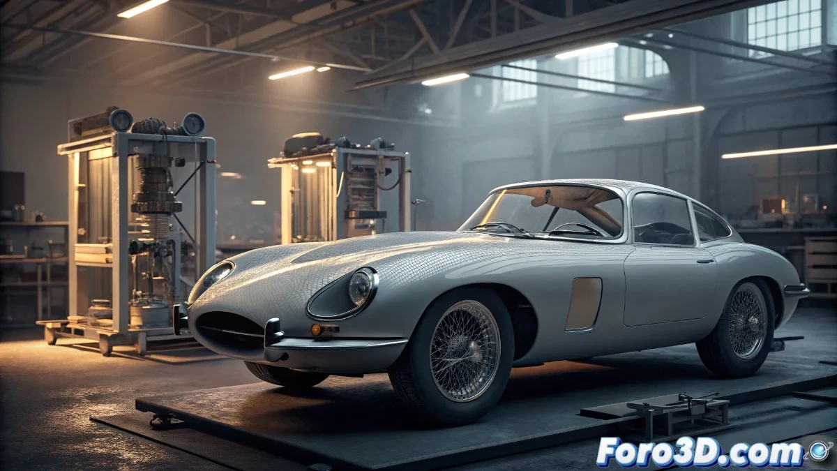 Vehículo clásico Jaguar E-Type con piezas impresas en 3D siendo instaladas por técnicos especializados en taller de restauración